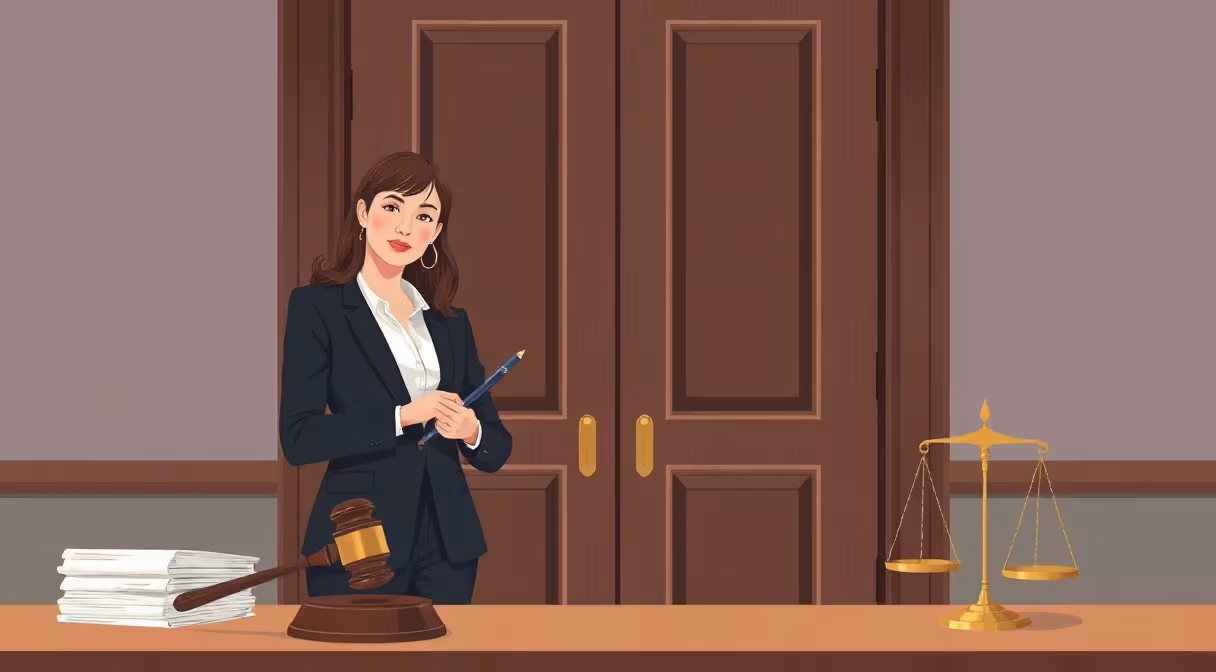 Advokátka drží kľúč pri dverách a gumené kladivo na stole s dokumentmi o regulácii nájmu