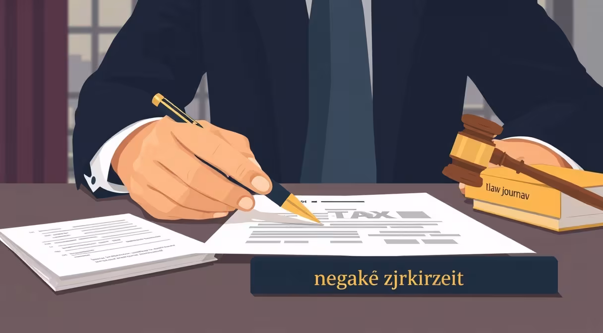 Podnikateľ vypĺňa daňové priznanie k dani z motorových vozidiel na stole s kladivom a knihou zákonov.