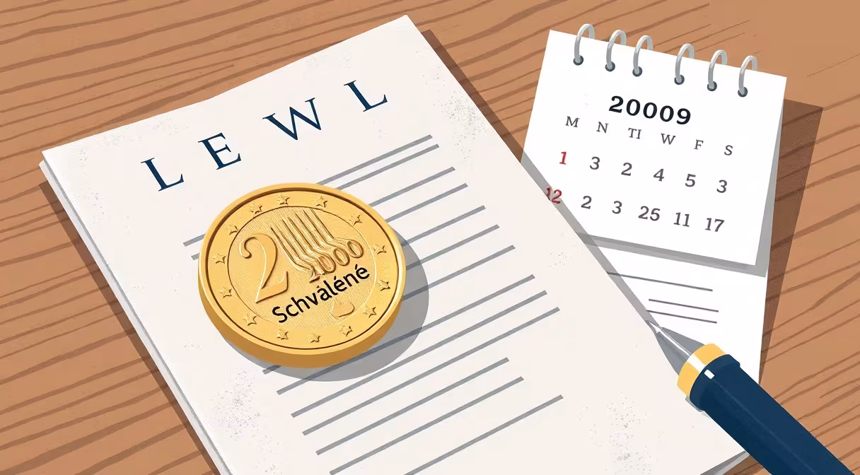 Dokument s euro mincou a pečiatkou Schválené, kalendár s dátumom 1. január 2009 na stole.