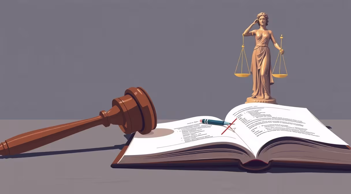 Gavel a otvorená kniha s prečiarknutým zoznamom mien vedľa sochy Justície, symbolizujúce register diskvalifikácií štatutárov.