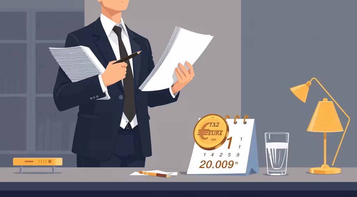 Právnik s daňovými formulármi a eurominciou na kalendári symbolizuje daňové priznania k dani z príjmov.