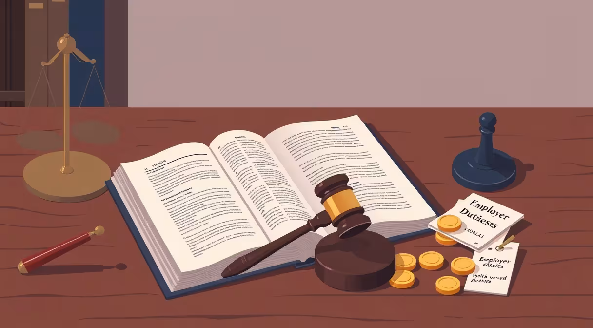 Právnická kniha a gavel na stole spolu s mincami symbolizujúcimi zamestnaneckú prémiu a povinnosti zamestnávateľov.