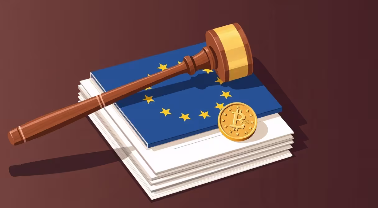 Gavel na eurových dokumentoch s euromincou, symbolizujúci právny rámec zavedenia eura.