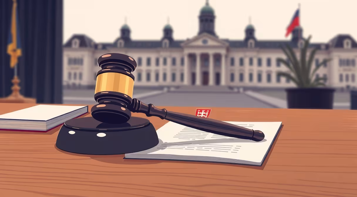 Kladivo a dokument so štátnym znakom na drevenom stole v pozadí budovy NR SR.