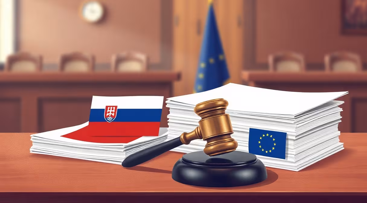 Súdne kladivo leží na stole vedľa dvoch kôp dokumentov s vlajkami SR a EÚ, symbolizujúcich cezhraničné fúzie.