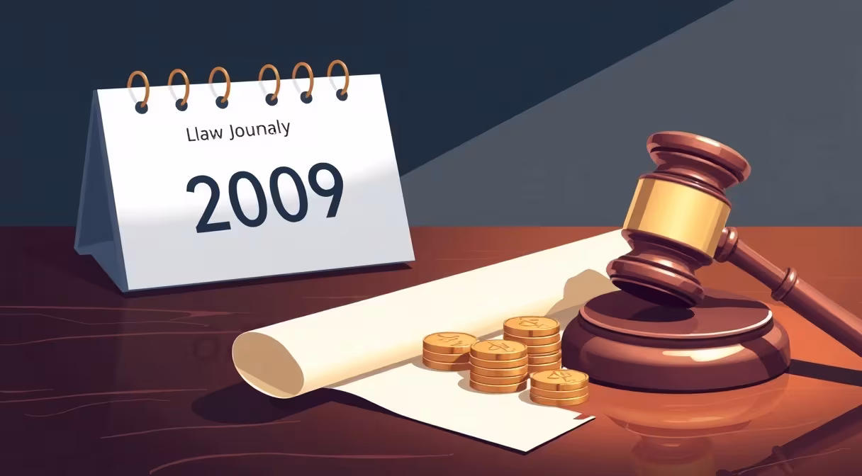 Gavel, zvitok a mince eura na stole s kalendárom označujúcim 1. januára 2009, symbolizujúci novelu Občianskeho zákonníka.