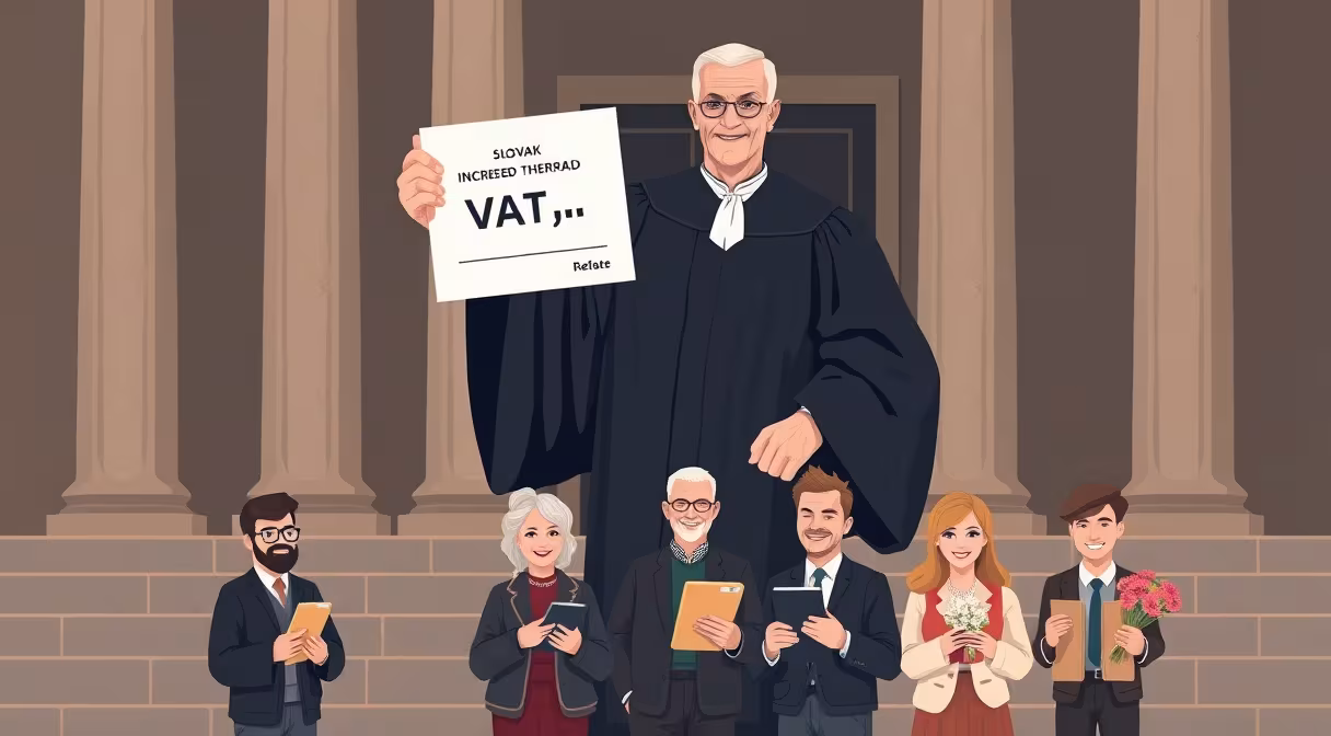 Sudca v talári drží dokument o zvýšení hranice DPH, v pozadí malí podnikatelia s kalkulačkami
