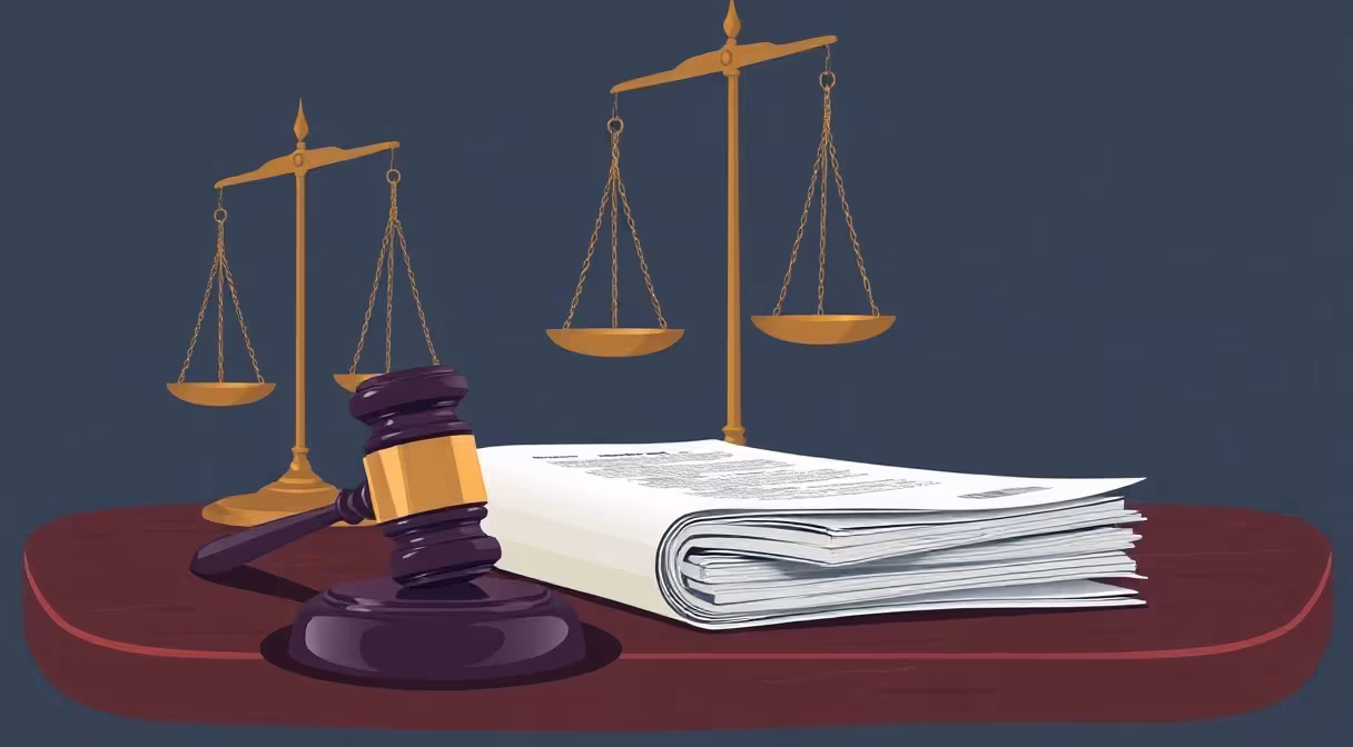 Sudcovské kladivo a zmluvy na stole s prasknutou váhou spravodlivosti v pozadí, symbolizujúce novelu Občianskeho zákonníka.