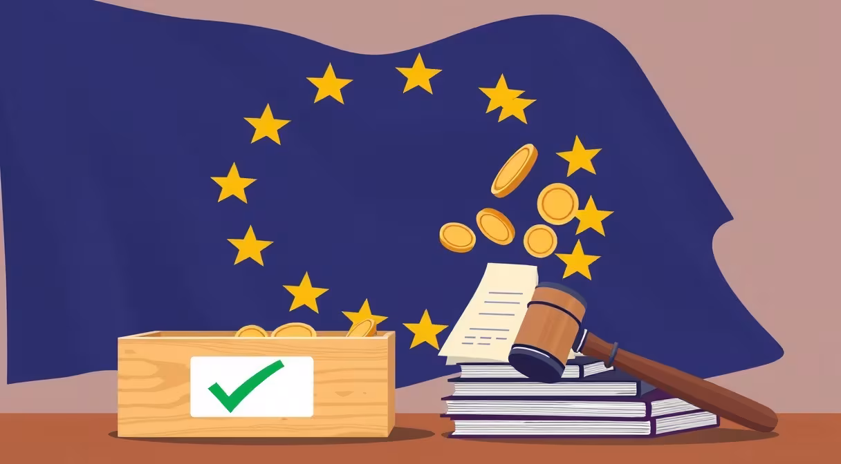 Zobrazenie európskej vlajky s prúdmi mincí do darčekovej krabice a kladivom na zmluvách ako symbol zmeny pravidiel eurofondov.