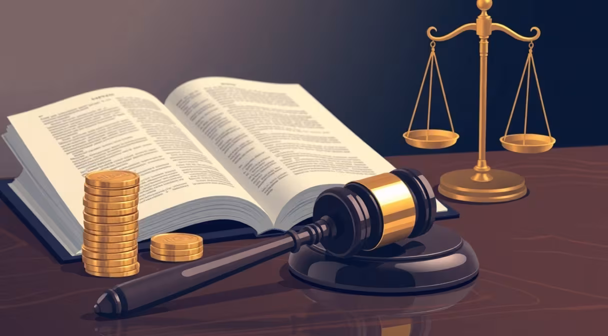 Justičné kladivo na stole vedľa mincí a otvorenej knihy zákona symbolizuje zvýšenie minimálnej mzdy.