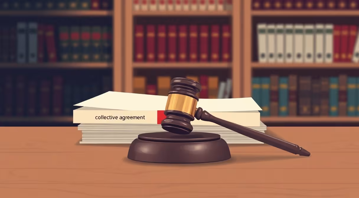 Gavel na stole s dokumentmi o kolektívnej zmluve v pozadí knižnice