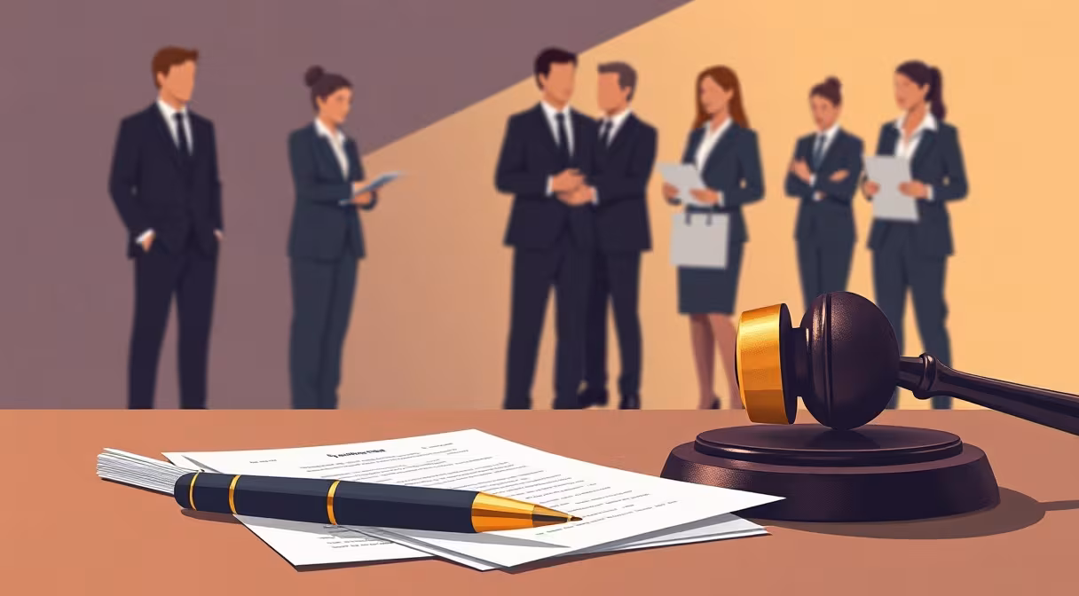 Súdne kladivo leží vedľa hromady spisov s perom, v pozadí postavy v oblekoch, jedna drží dokument, osvetlené teplým svetlom, symbolizuje generálny pardon dlžník