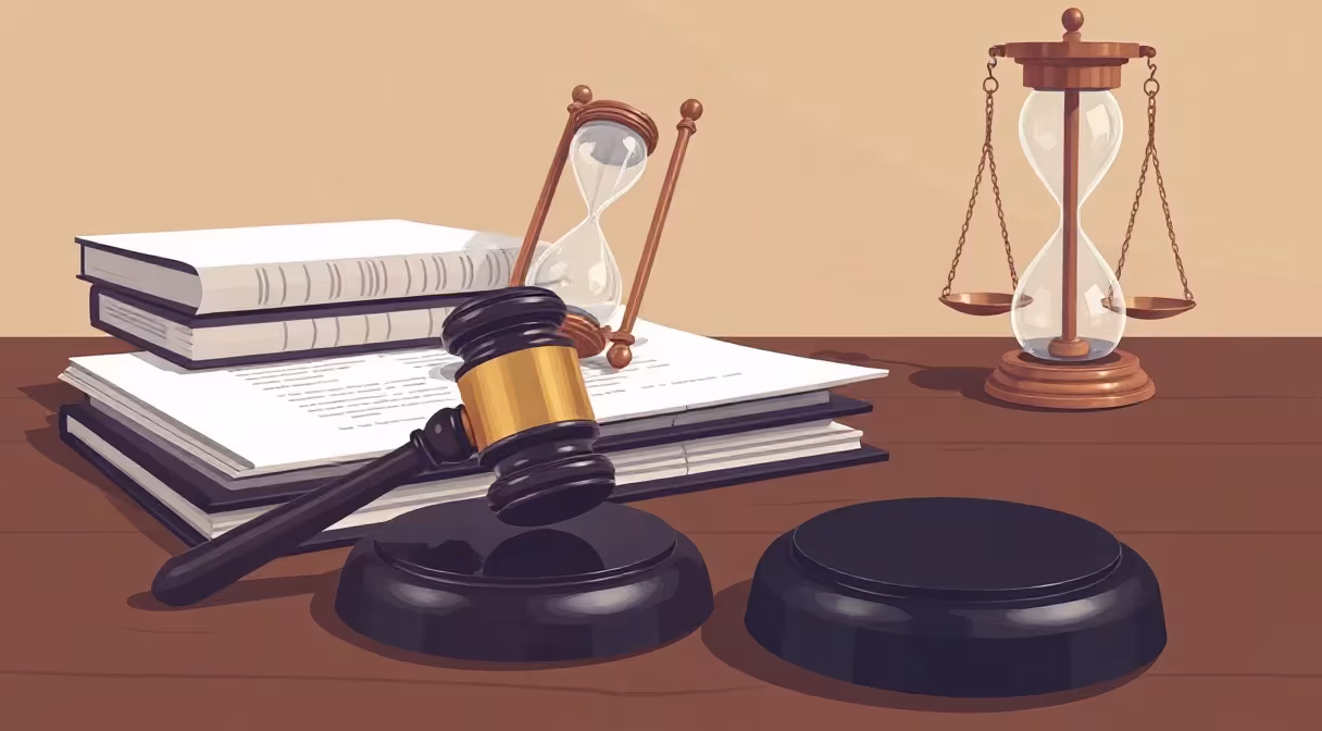 Súdne kladivo a presýpacie hodiny na pracovnom stole ilustrujú zmeny v Zákonníku práce.