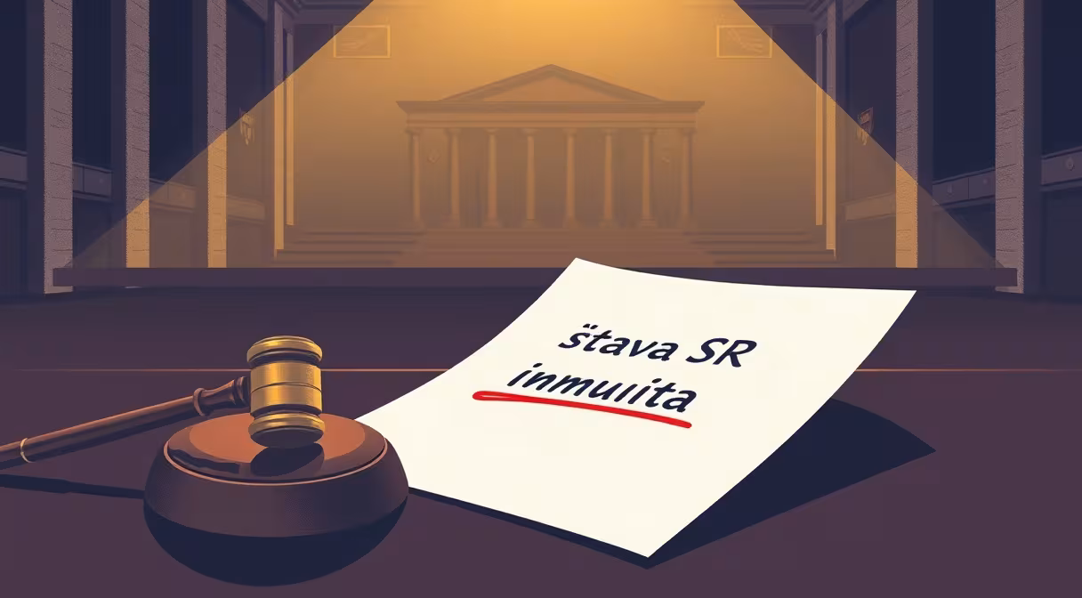 Gavel and crossed-out constitution document highlight restricted immunity for parliament members in Slovakia