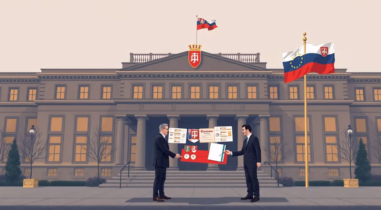 Budova ministerstva s kamenným portálom a vlajkou SR, úradníci si podávajú ruky pri zlučovaní rezortov.
