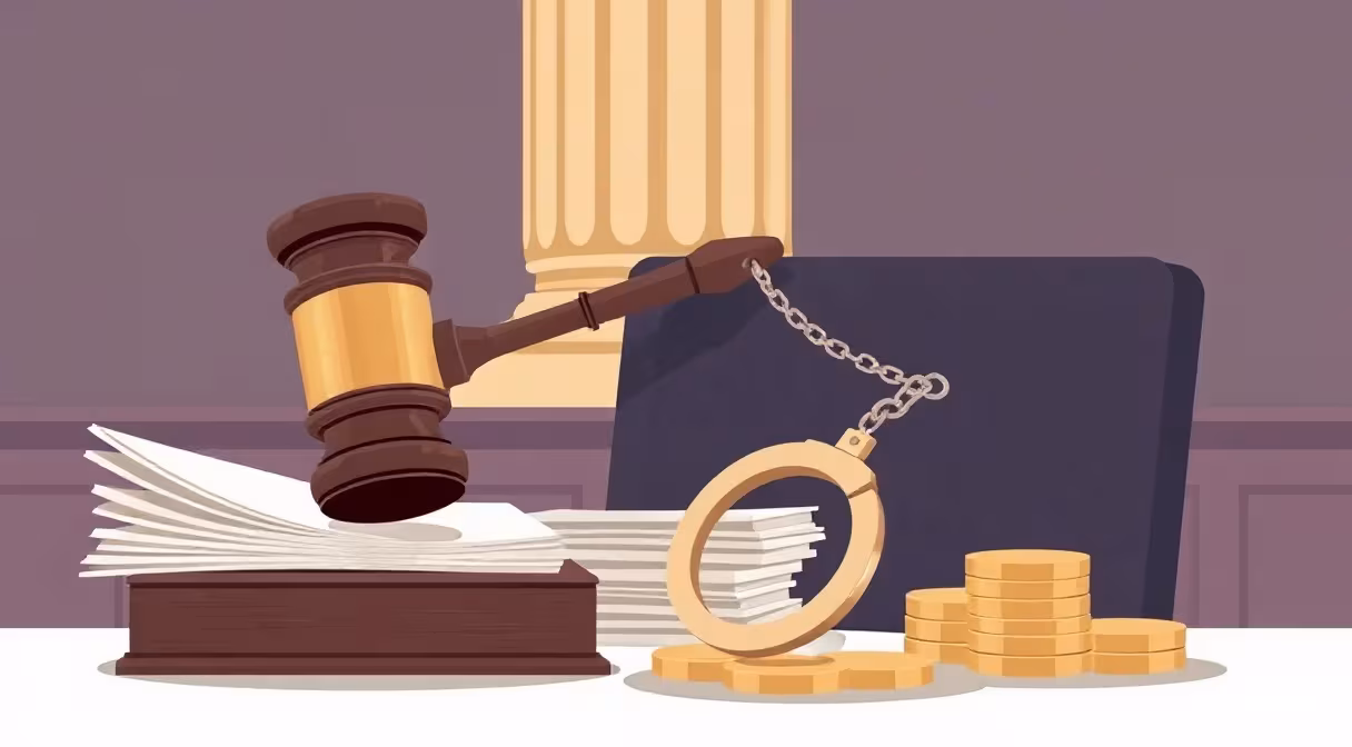 Gavel a putá na minciach pri súdnych dokumentoch symbolizujúce trestnú zodpovednosť právnických osôb.