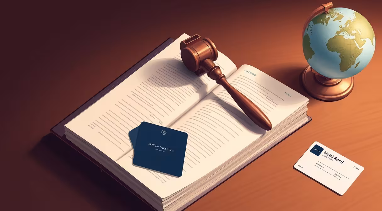 Gavel, otvorená kniha zákona, glóbus a kľúčenka hotela na stole.