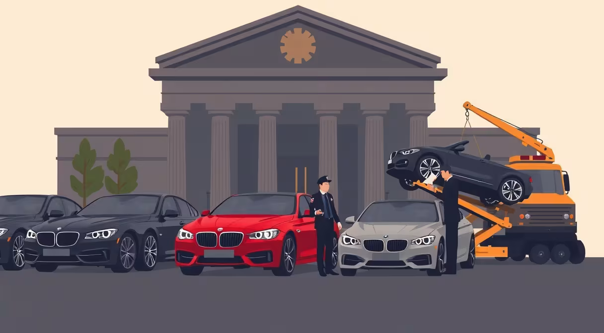 Luxusné autá pred súdom, policajt kontroluje doklady, jedno auto nakladá odťahovka.