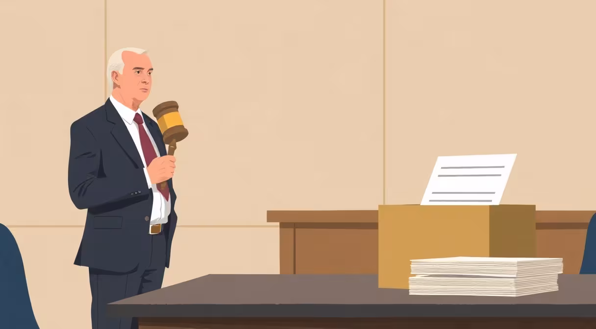 Starosta obce s kladivom pred obecným zastupiteľstvom, vedľa volebná urny a dokumenty o miestnom referende a odmenách poslancov