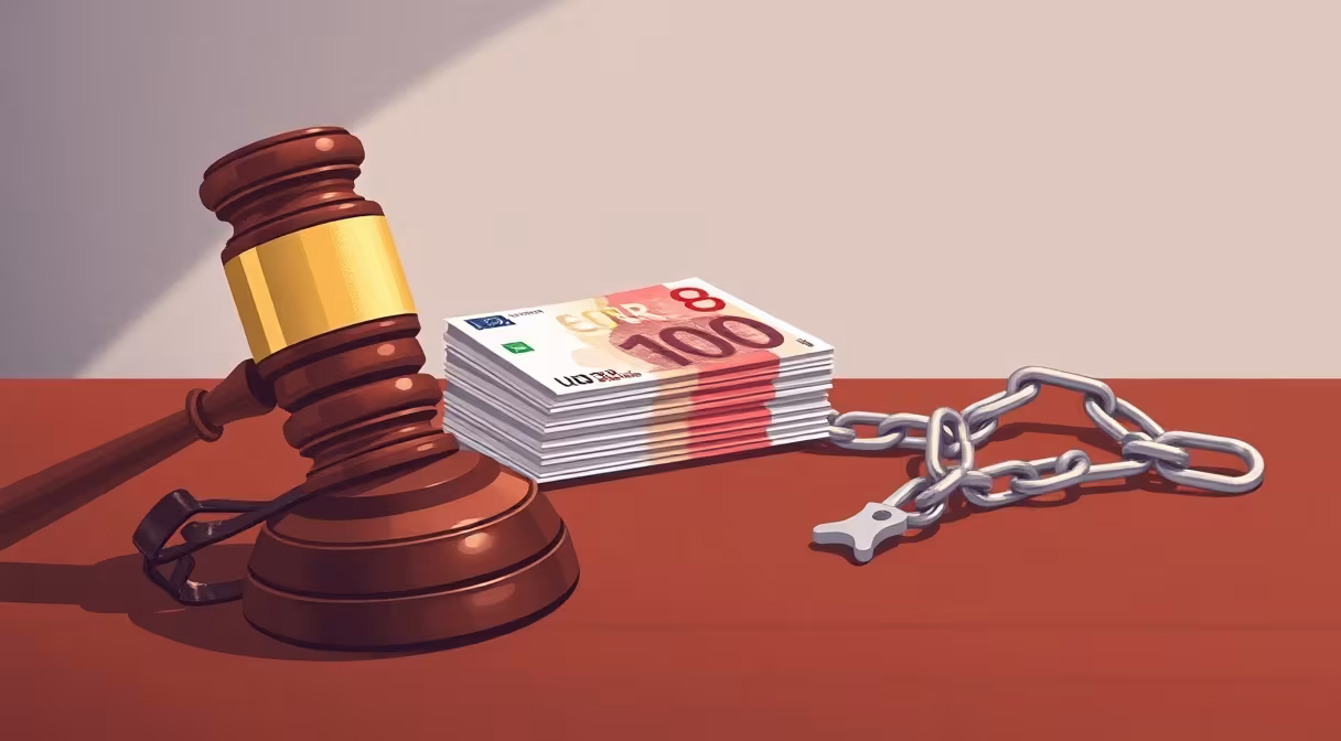 Súdne kladivo, peniaze a pretrhnutá reťaz symbolizujúce obmedzenie sankcií za omeškanie spotrebiteľa