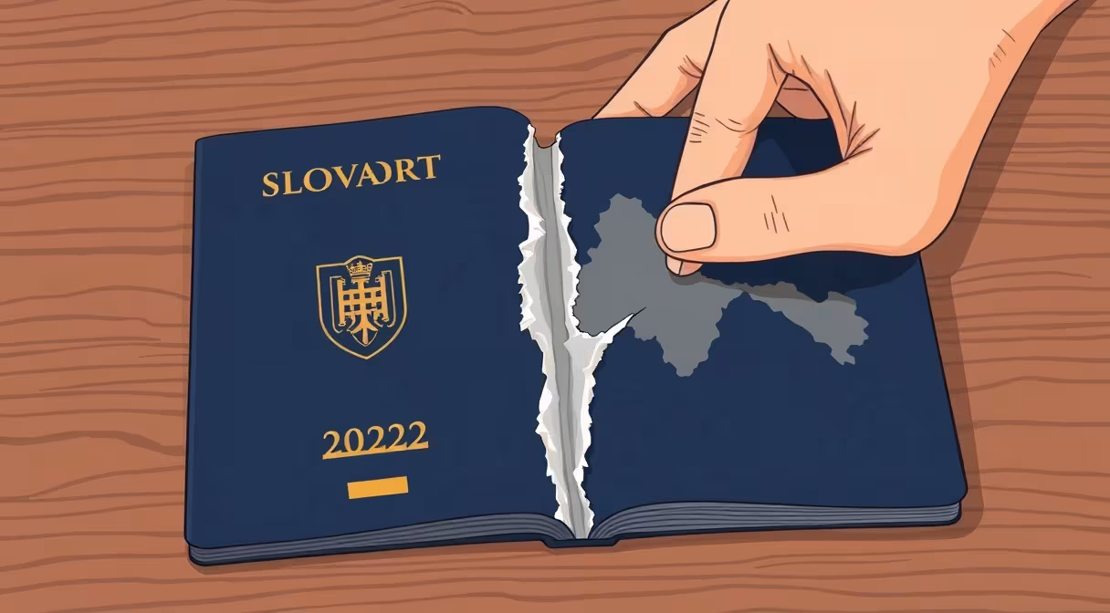 Slovenský pas sa rozdeľuje na dve polovice, symbolizujúc stratu občianstva pri nadobudnutí cudzieho.