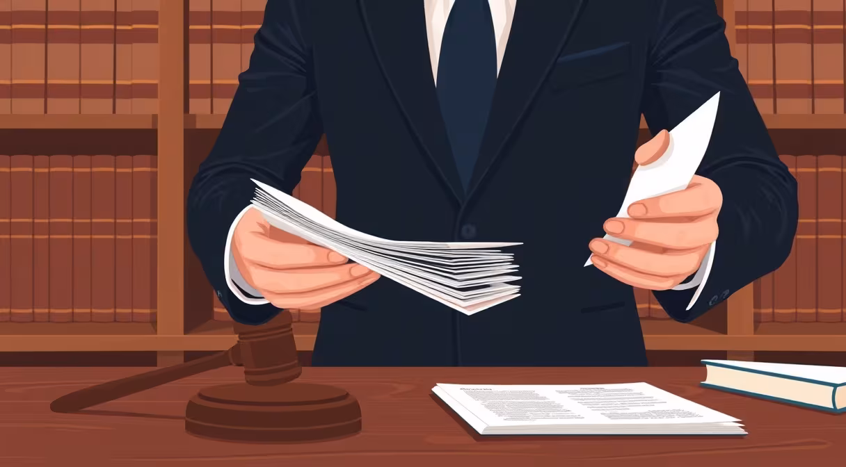 Muž v obleku drží papiere pri kladive a ústave na stole s policou.