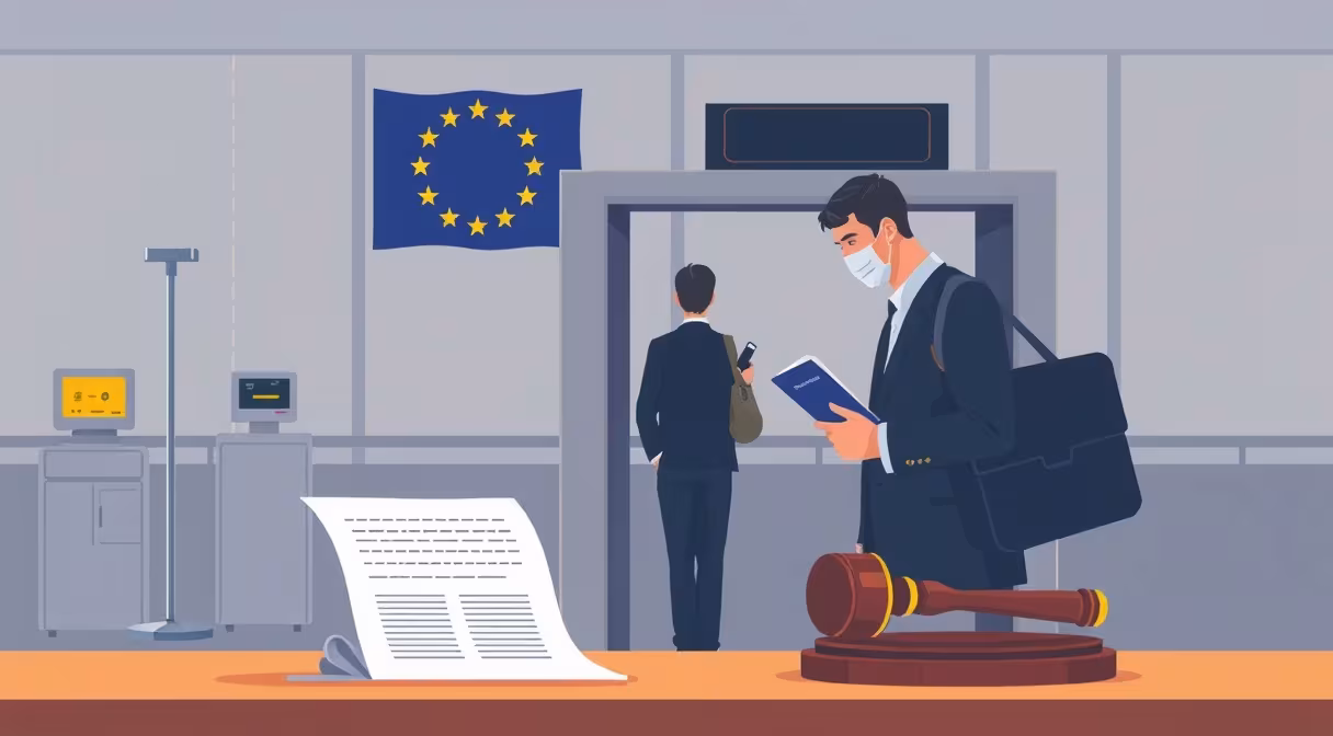Bezpečnostná ochrana na letisku s európskou vlajkou a kontrolou pasov.