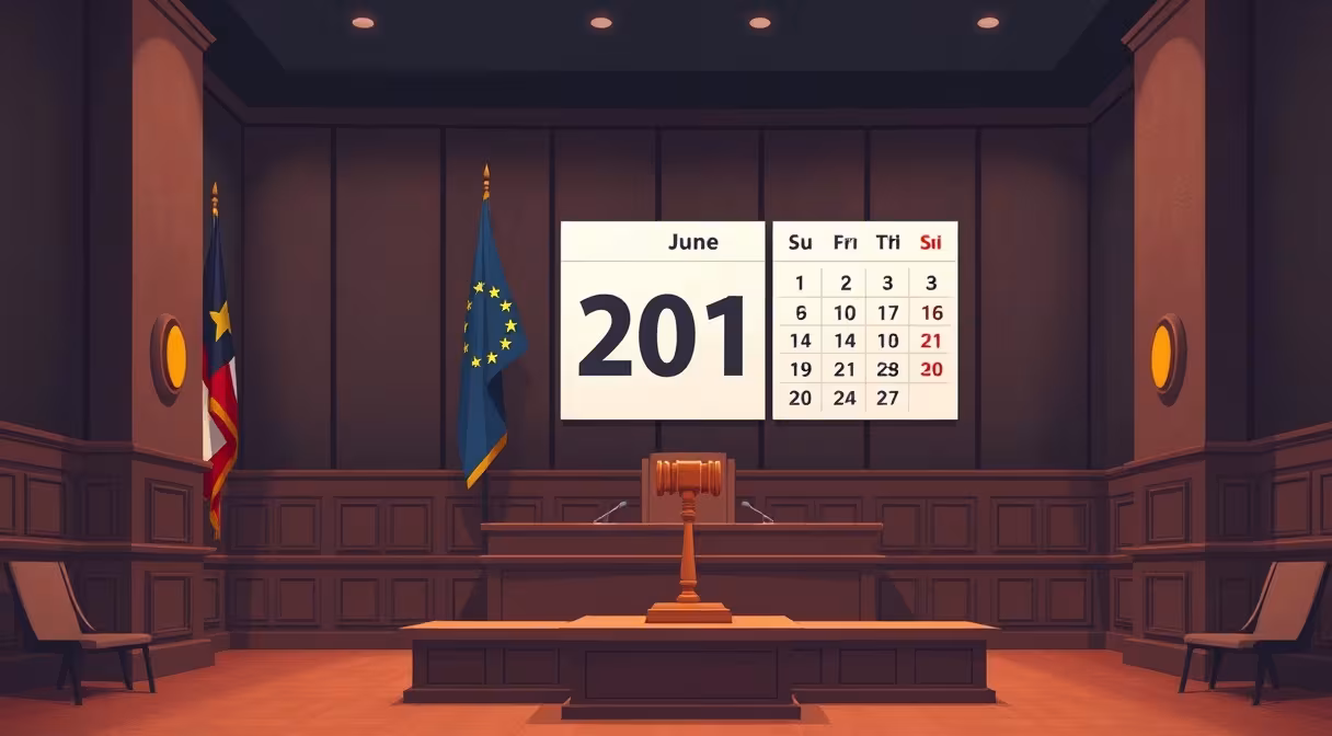 Moderná súdna sieň s európskou vlajkou a kalendárom označujúcim dátum reformy Európskeho súdu pre ľudské práva.