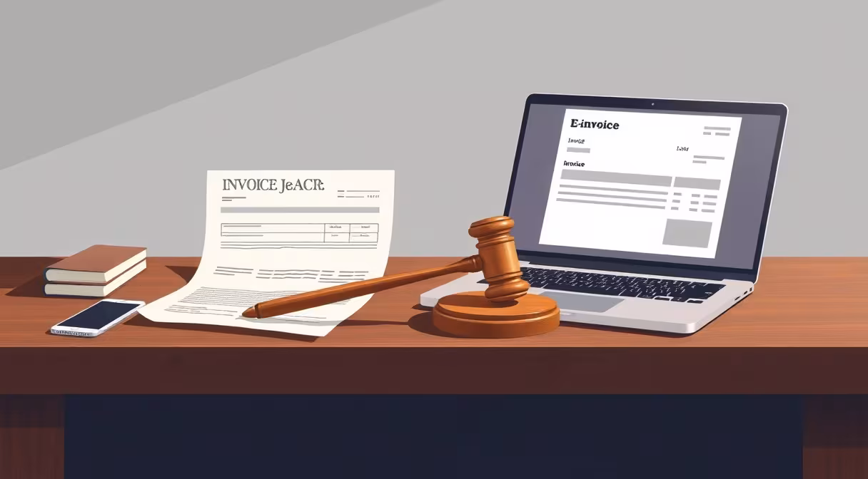 Gavel, papierová a elektronická faktúra na stole symbolizujú právne zmeny v DPH.
