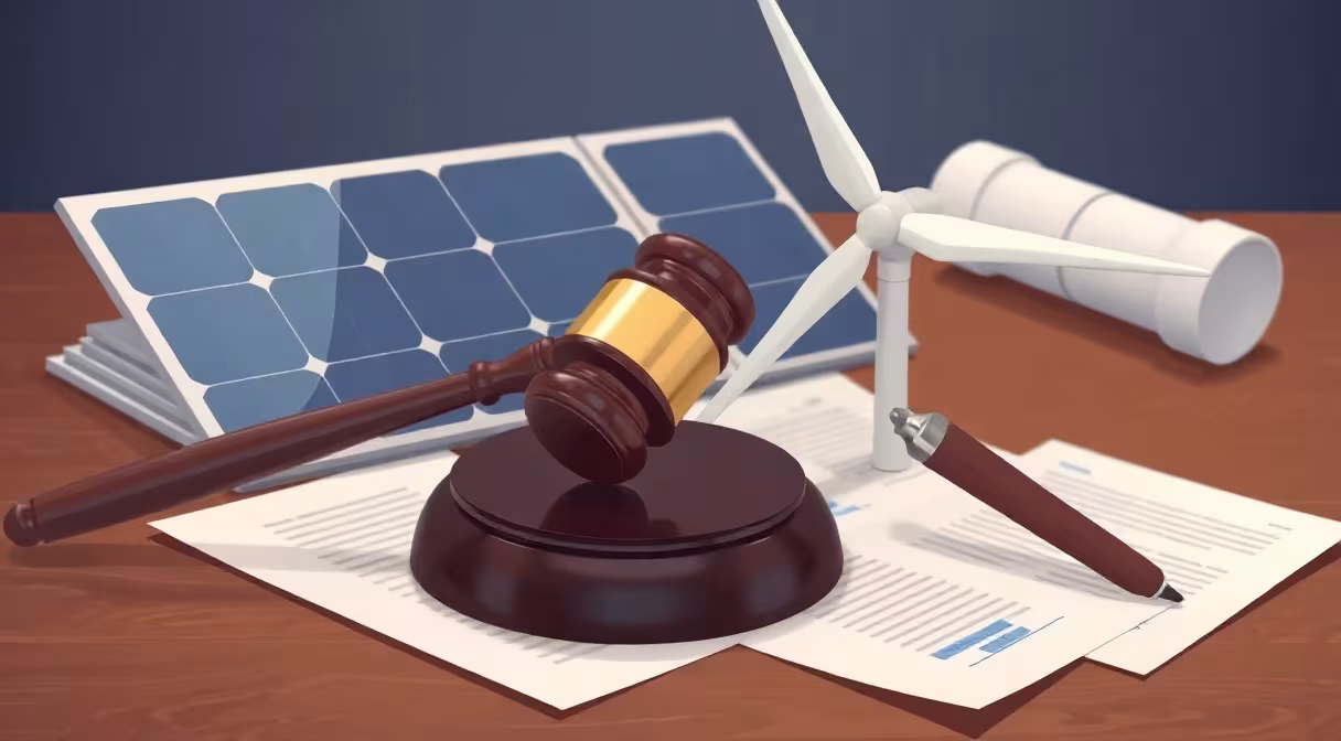 Súdne kladivo leží na solárnych paneloch a lopatke veternej turbíny, vedľa právnych dokumentov, čo symbolizuje legislatívne zmeny v obnoviteľných zdrojoch.