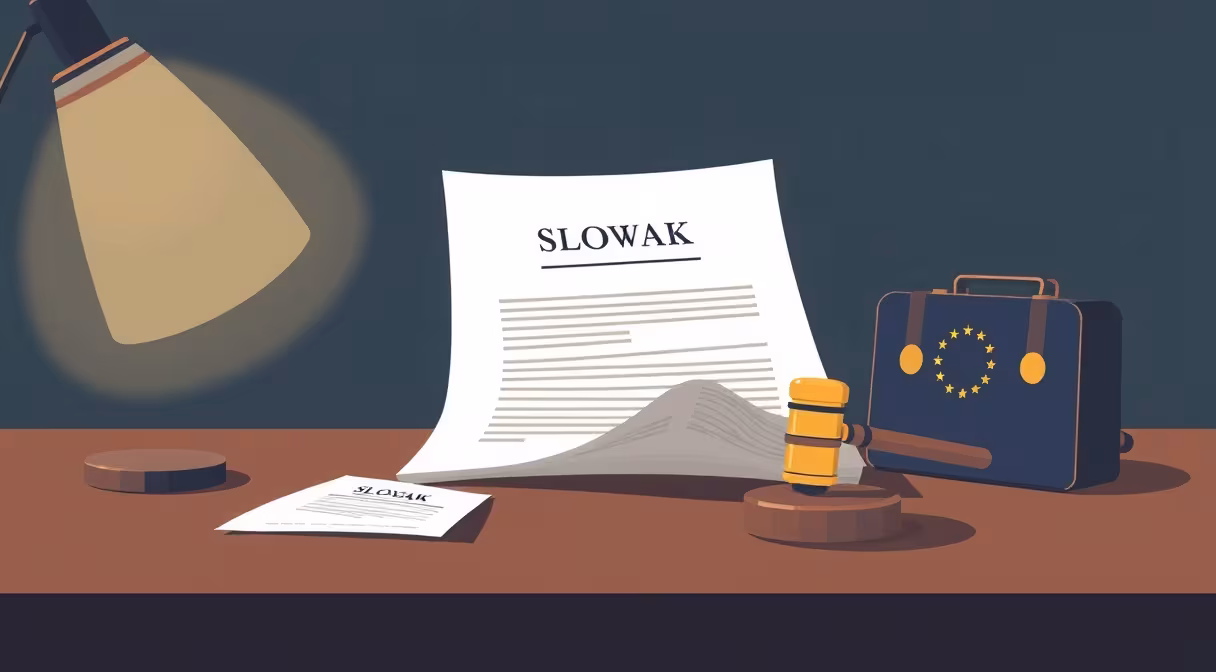 Dokument, kladivo a kufrík s vlajkou EÚ na stole, symbolizujúce ochranu spotrebiteľa v cestovnom ruchu.