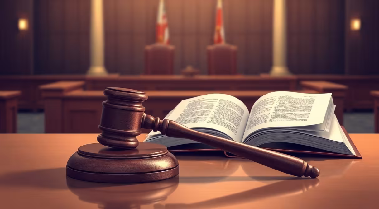 Súdna rada, gavel a otvorená kniha na stole v súdnej sieni s prázdnou galériou pre verejnosť.