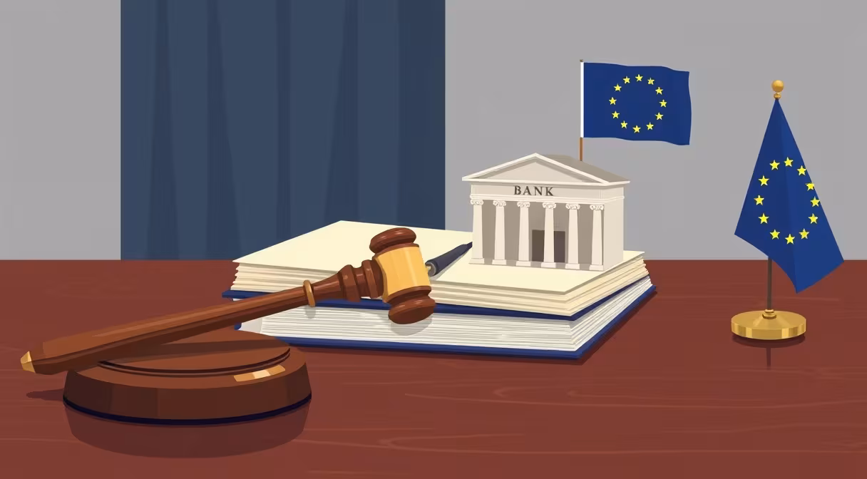 Gavel a dokumenty na stole vedľa modelu banky a vlajky EÚ pri novele zákona o bankách.