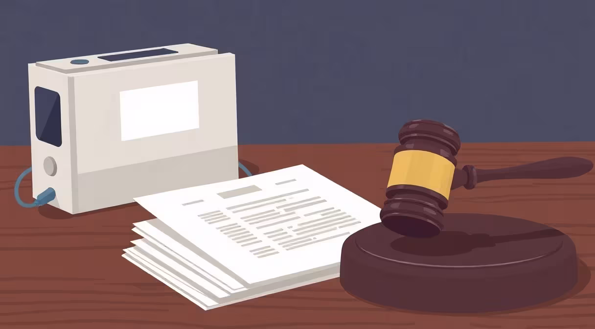 Gavel z právnych dokumentov na stole vedľa elektronickej aukčnej terminály ilustruje novelu zákona o verejnom obstarávaní.