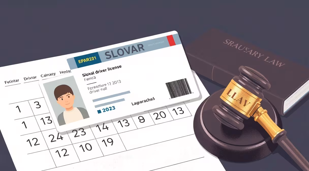 Vodičský preukaz s dátumom platnosti do roku 2032 na kalendári, vedľa kladivo a zákon o cestnej premávke.