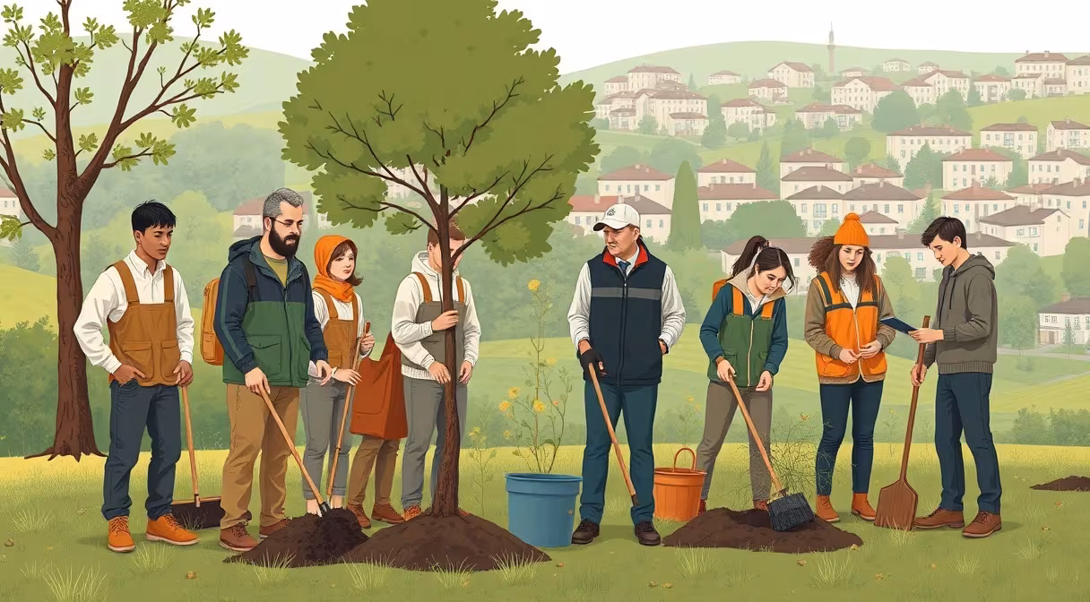 Dlhodobo nezamestnaní občania vykonávajú menšie služby, sadiac stromy a čistiac park pod dohľadom úradníka.