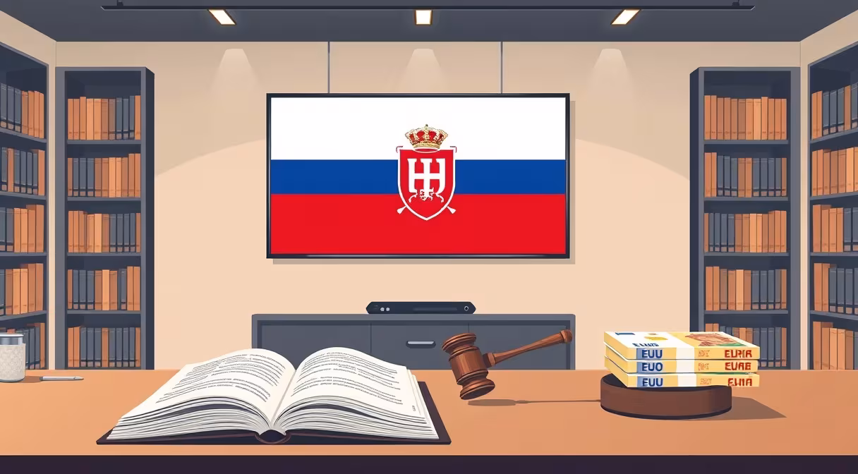 Digitálna obrazovka s erbom Slovenskej republiky v právnickej knižnici, otvorená kniha zákona a gavel na stole