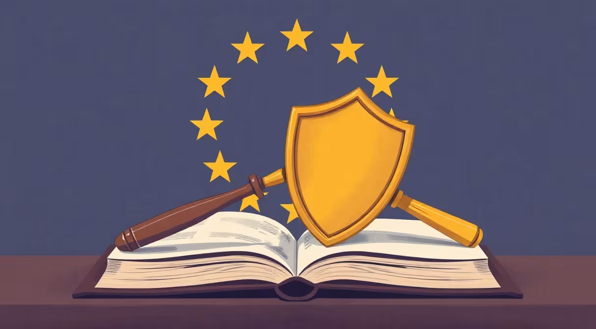 Súdne kladivo a štít na knihe so zákonom, vlajka EÚ v pozadí, symbolizujúce ochranu osobných údajov v justícii.