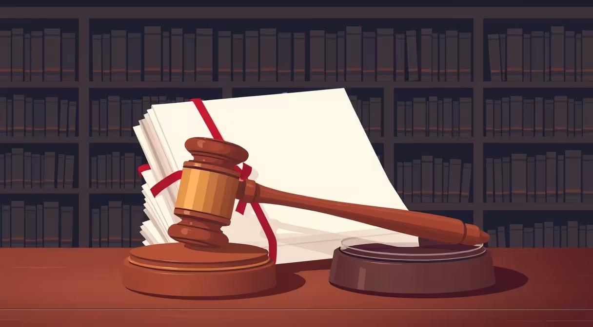 Gavel a dokumenty so stuhou pri knižnici, symbolizujúci novelu Obchodného zákonníka.