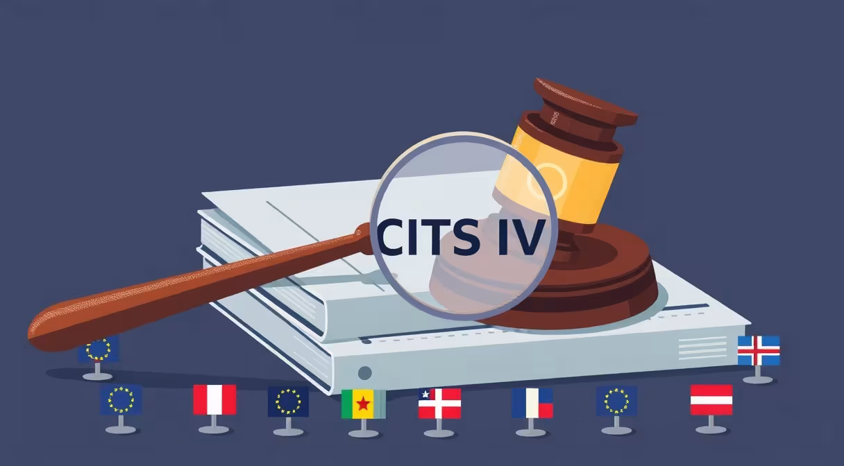 Gavel a dokumenty smernice UCITS IV na stole s lupou a vlajkami EÚ.