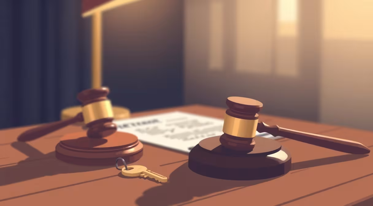 Kľúč a gavel na stole vedľa zmluvy o nájme bytu
