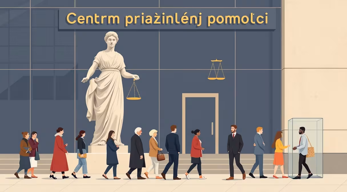 Osoby v hmotnej núdzi prichádzajúce k transparentnej budove Centra právnej pomoci, so sochou Spravodlivosti v pozadí.