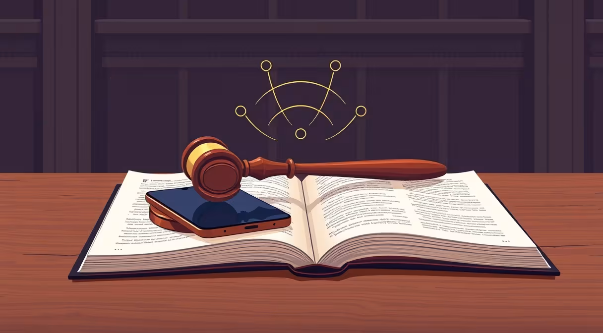 Gavel a zákonník vedľa smartfónu s vlnami signálu na súde