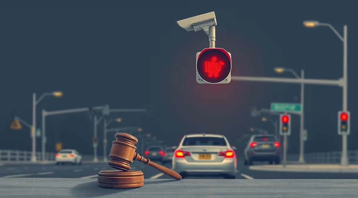 Dopravná kamera sníma auto prechádzajúce na červenú, v popredí kladivo symbolizujúce objektívnu zodpovednosť.