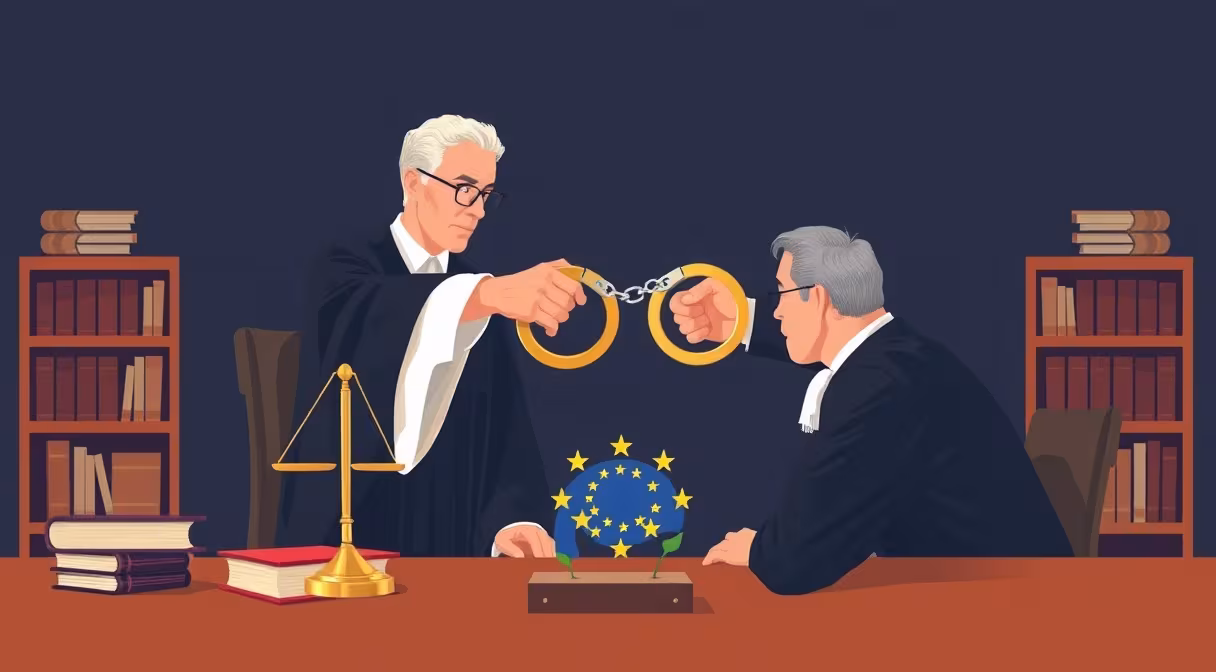 Sudca odovzdáva putá sudcovi cez stôl, pozadie so symbolom EÚ a knižnicou práva.