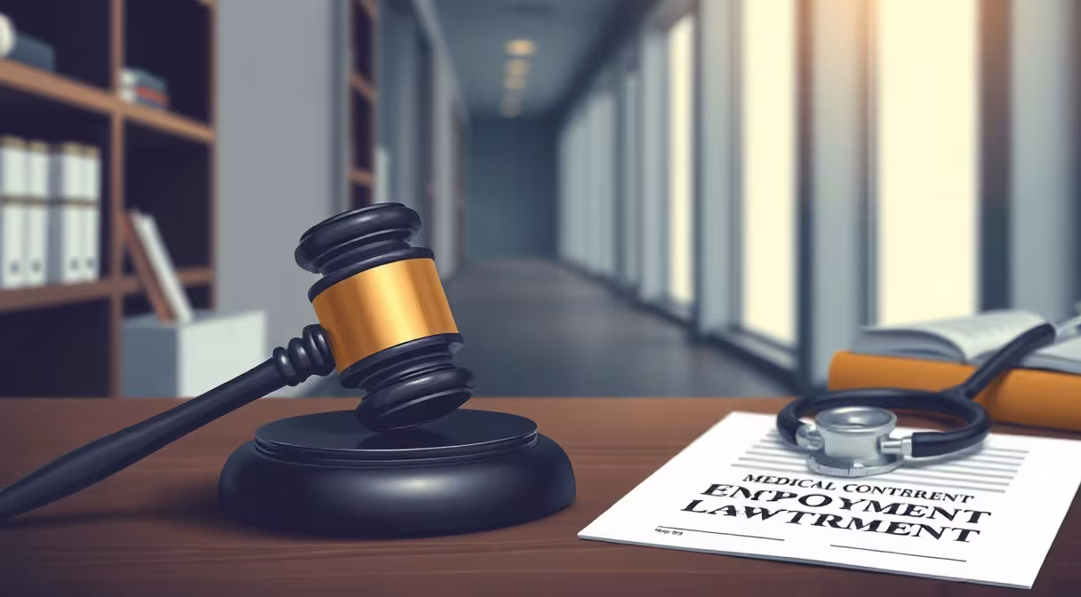 Gavel a stetoskop na zmluve symbolizujúce zmeny v zdravotníckom povolaní.