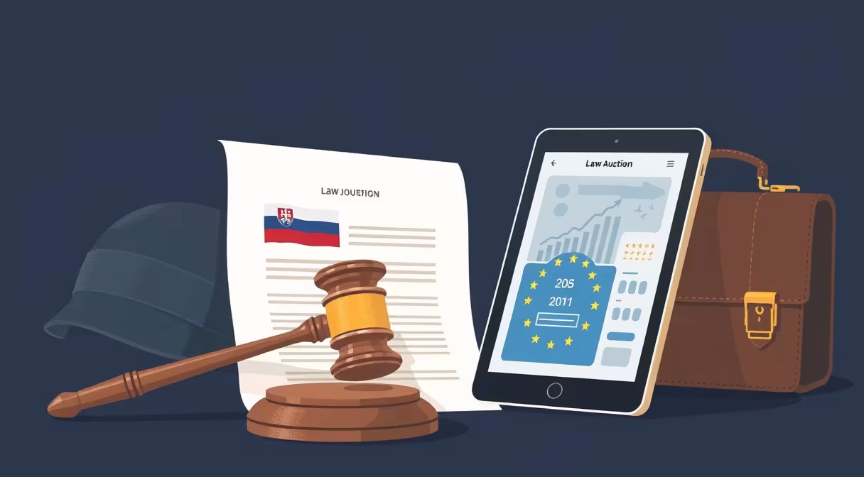 Gavel, EU vlajka, vojenská prilba a tablet s elektronickou aukciou na stole počas novely zákona o verejnom obstarávaní.