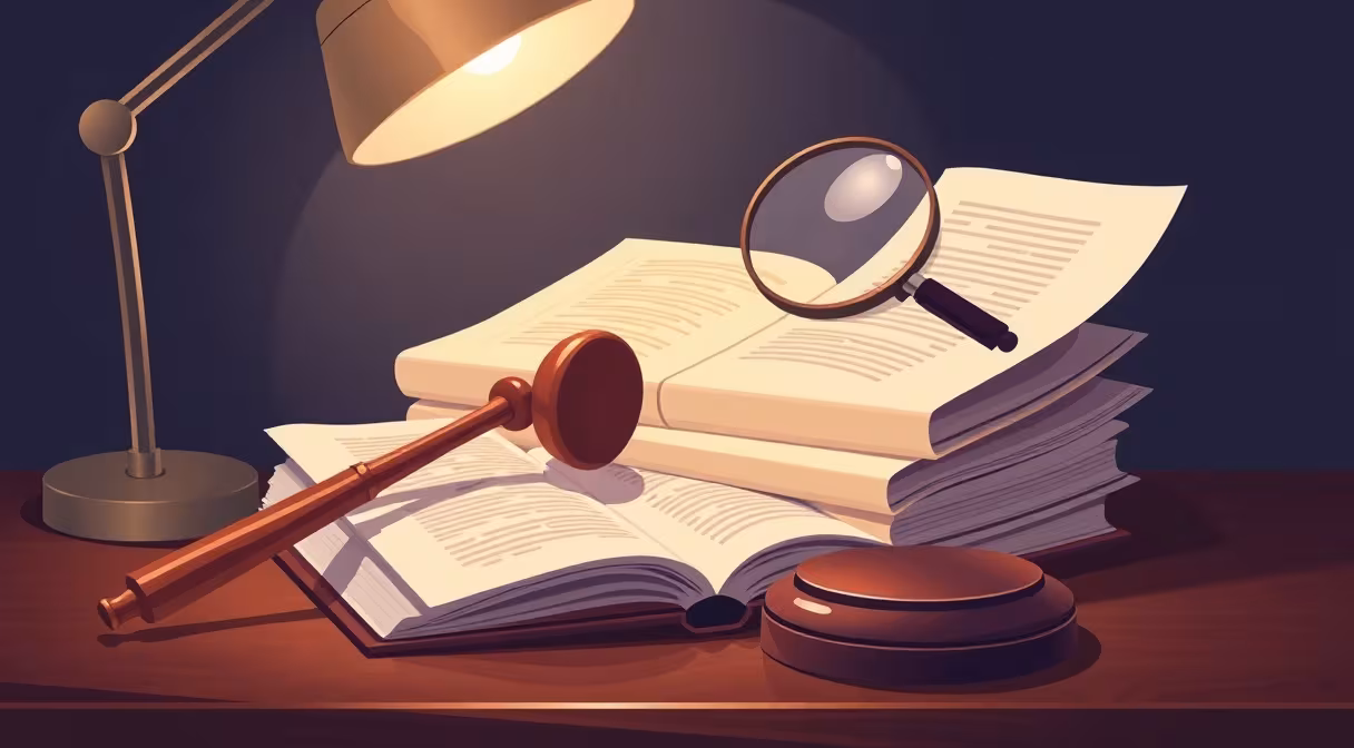 Gavel na účtovných dokladoch s lupou nad registrom účtovných závierok na drevenom stole.