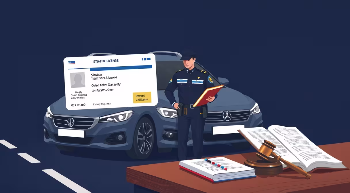 Policajt drží nový vodičský preukaz s obmedzenou platnosťou vedľa auta na ceste, kniha zákonov a kladivko na stole.
