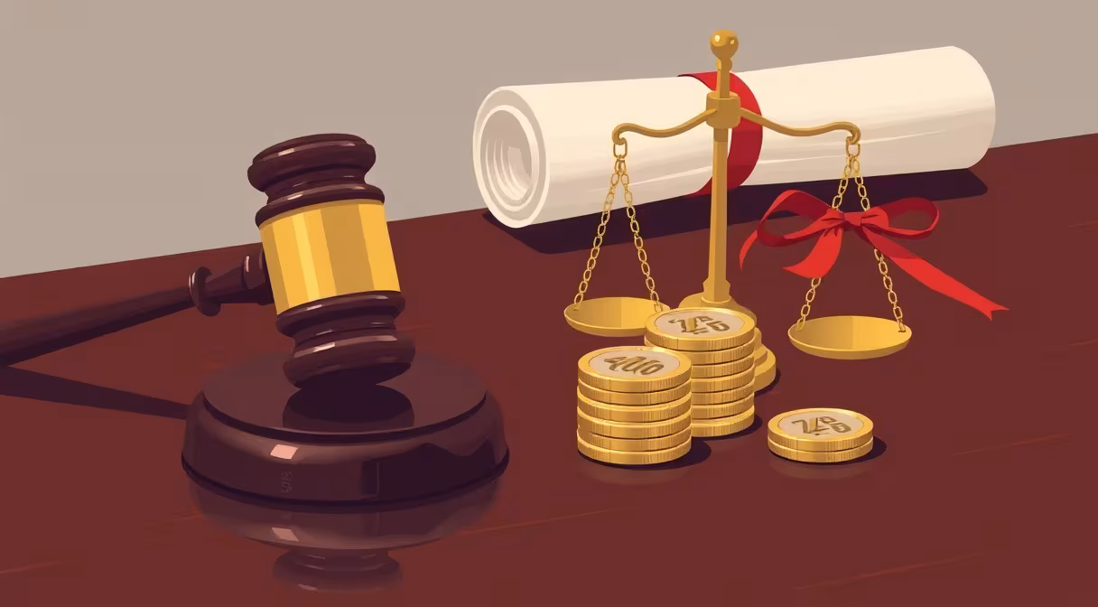 Vyvažovanie verejných financií: kladivo, mince a váhy na stole.